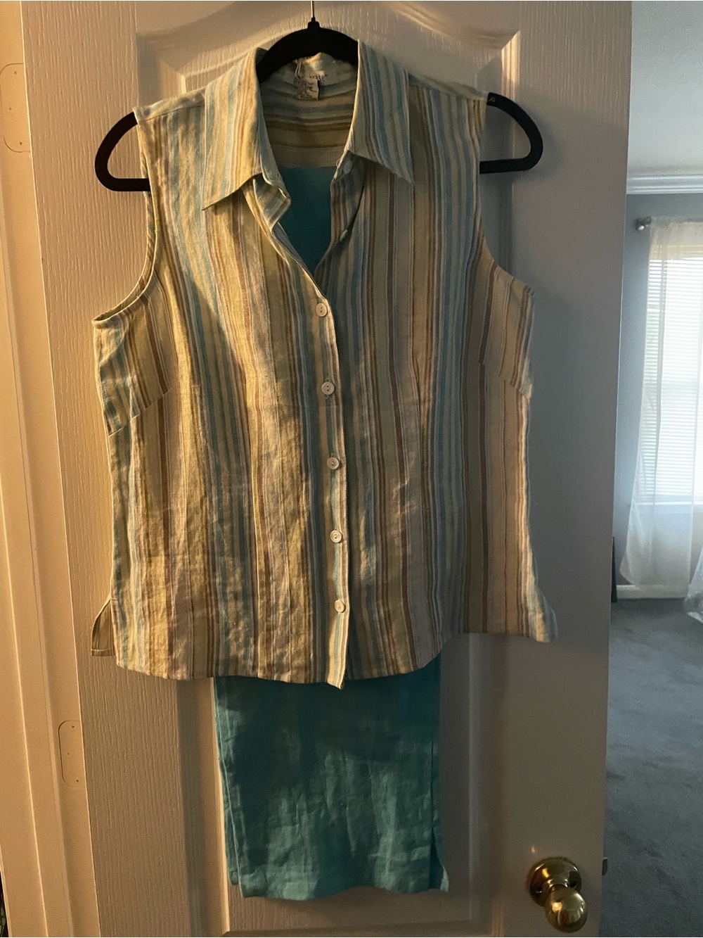 Sleeveless Striped Button-Front Shirt in Light Blue & Cream linen pants suit.